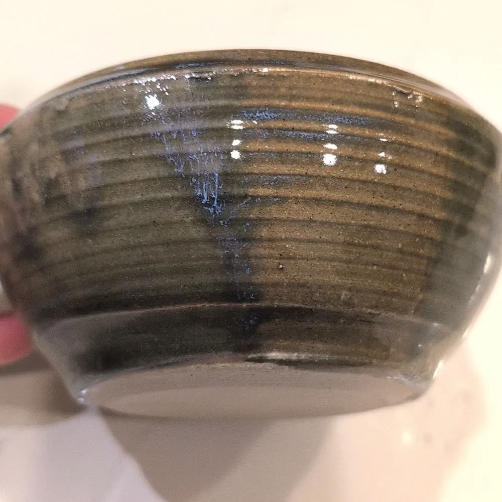 Handmade Ribbed Pottery Bowl with Braided Handles Artist Signed